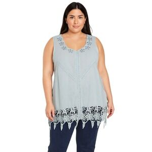The Pyramid Collection Plus Size 1X Top Linen Slate Blue Sleeveless Crochet 1398